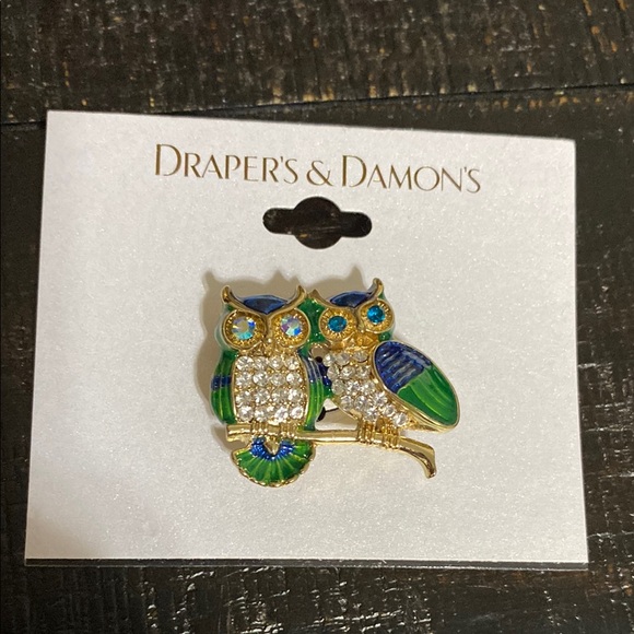 Draper’s & Damon’s Jewelry - NWOT Gold Tone, Green and Blue Owl Brooch!